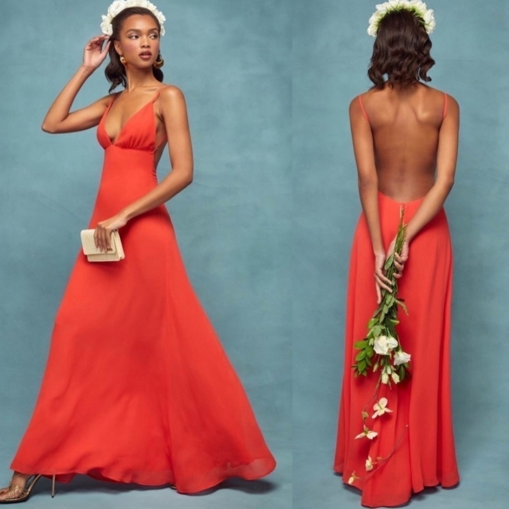 Reformation Modena Backless Maxi Vibrant Red Orange Dress Wedding V Neck Strappy